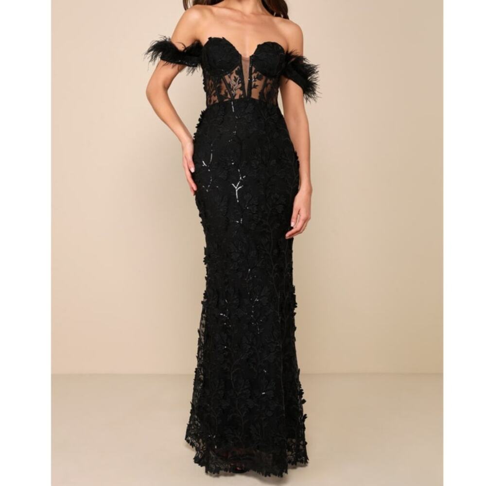 NEW Lulus Midnight Sparkle Black Embroidered Feather Bustier Maxi Dress XS